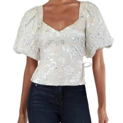 Cheapest 🔥 Jonathan Simkhai Taylor 👩 Womens Metallic Puff Sleeves Blouse 🎉