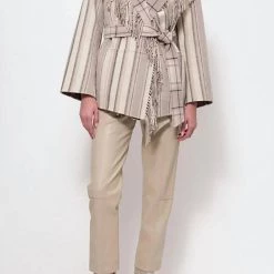 Brand new 🎁 Jonathan Simkhai Rowan Wool Fringe 🧥 Coat in Nougat Stripe for 👩 women 🧨