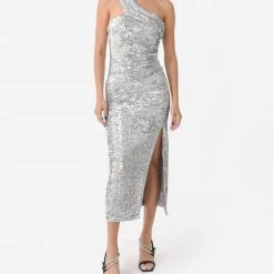 Outlet 🌟 Jonathan Simkhai Zay Sequin Draped Bustier Midi 👗 Dress in Silver for 👩 women ✨