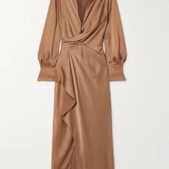 Budget 🥰 Jonathan Simkhai Talita Woven Drape Front Midi 👗 Dress in Latte for 👩 women 😀